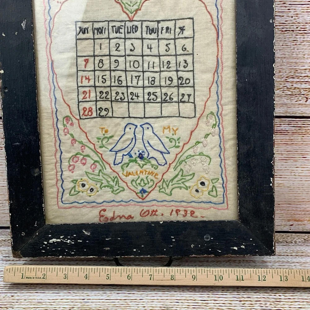 Vintage 1932 February Calendar‎ Framed Metal Handles Hand Embroidered